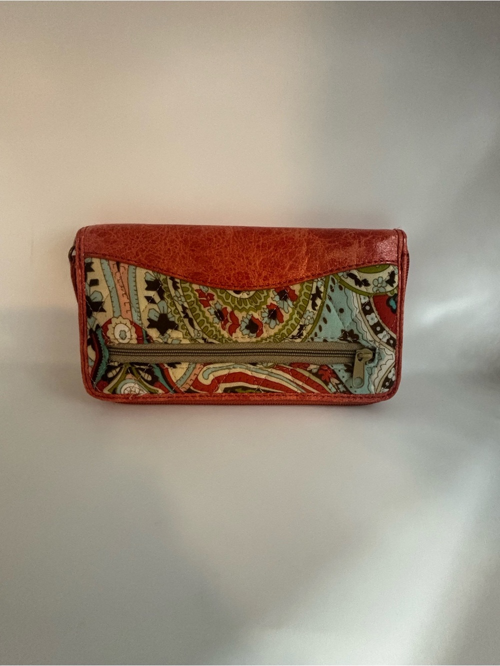Red Patterned Foldover Wallet with Front Zip Pocket
